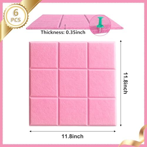 6 Packs Pink Cork Board Felt Board Tiles, Bulletin Board 12"X12" with 30 Push Pins, Felt Board for Home Kitchen Office Decor, Self-Adhesive Corkboard Tiles for Walls School Message Display Board