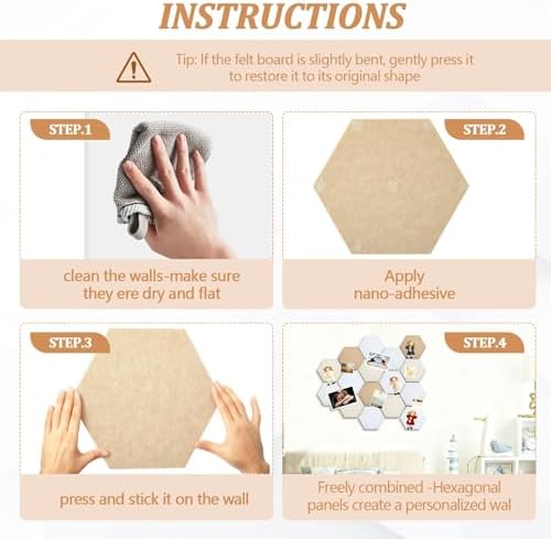 12x10 in 16 Pcs Hexagon Cork Board Tiles, Felt Pin Boards, Retro