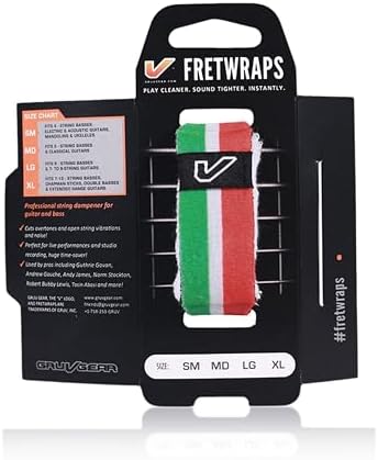 Gruv Gear Fret Wrap & Guitar Mute, Fretwrap for Acoustic, Electric & Bass | String Dampener Recording, Tapping & Practice Accessory (1 Pack, Medium Green/White/Red, Fits 5 String Bass, 7 String