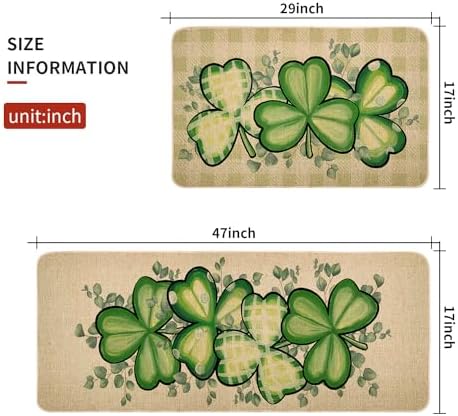 St Patricks Day Kitchen Decor Mats Set of 2, Non-Slip Absorbent Rug and Door Mats, Lucky Green Shamrock Clover Kitchen Floor Mat 17x29 and 17x47 Inch DM128