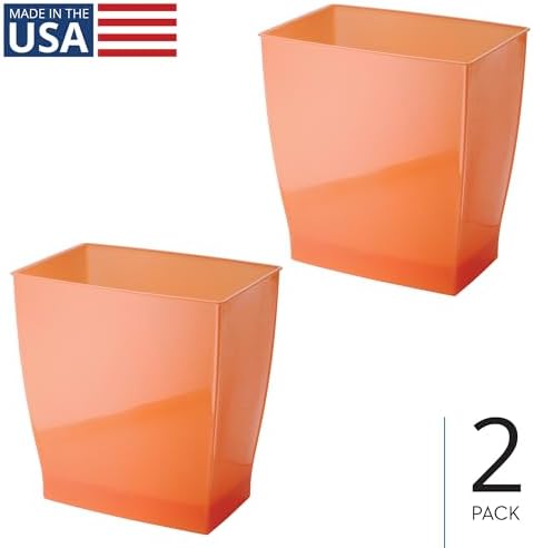 iDesign Small Plastic Bathroom Trash Can, Slim Rectangle, 2-Pack, Orange