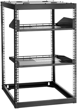 VEVOR 16U Open Frame Server Rack & Network Rack, Wall Mounted or Floor Standing, Heavy Duty 4 Post, with 2PCS Vented 1U Shelves & Mounting Hardware, Holds All 19'' Networking IT Equipment AV Gear