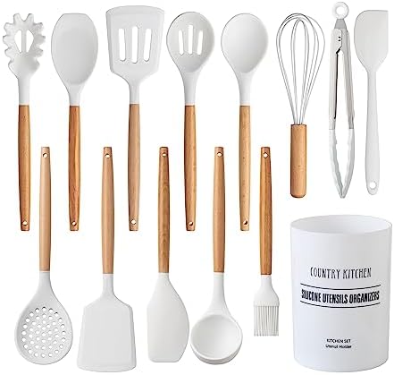 Country Kitchen Non Stick Silicone Utensil Set with Rounded Wood Handles for Cooking and Baking, 14 Piece Set, White