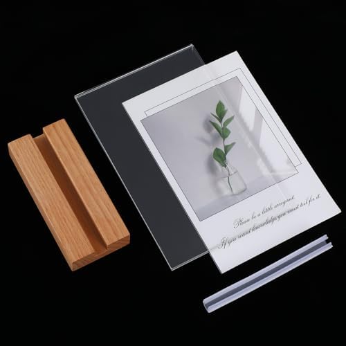 8 Pack Clear Acrylic Sign with Wood Base T Shape Sign Holder Vertical Acrylic Blank Stands Desktop Display Plastic Menu Frames Double Sided Flyer Stand for Wedding Restaurant Party Decoration