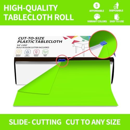 CXPSINC 54 Inch X 100 Feet Plastic Table Cover Roll Disposable Tablecloth with Slide Cutter for All Type/Shape Tables | Party, Banquet, Birthdays, Weddings(Lime Green, 100 Feet)