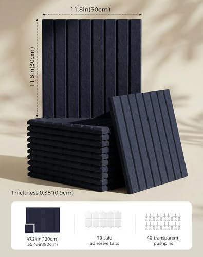 Aothia 12-Pack Felt Bulletin Board Tiles 48"x36", Modular Push Pin Board for Home Office & Classroom, Cork Board Alternative for Notes, Photos & Schedules, 70 Adhesive Tabs & 40 Pins - Carbon Blue