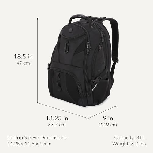 SWISSGEAR 1900 ScanSmart Laptop Backpack, Fits Most 17-Inch Laptops, TSA-Friendly Lay-Flat Design, RFID Protection, and Tablet Pocket, Black, 31L, 18.5-Inch