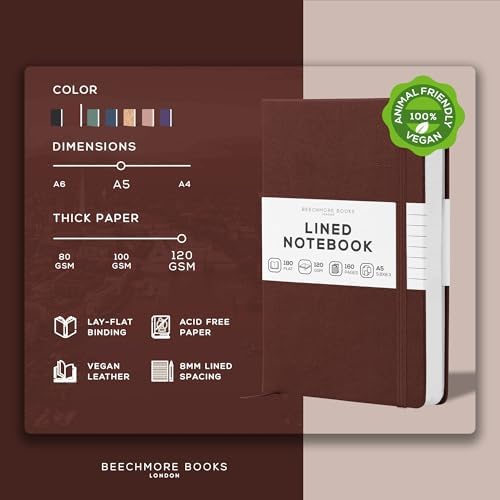 BEECHMORE BOOKS A5 5x8 Lined Leather Journal For Men, 120 GSM with Gift Box