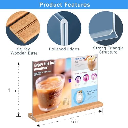 Kersally Acrylic Sign Holder 6 x 4, 6 Pack Double-Sided Clear Table Display Stands with Wood Base,Horizontal Acrylic Frame Menu Flyer Paper Holder for Store, Restaurant, Hotel, Office, Show Fair