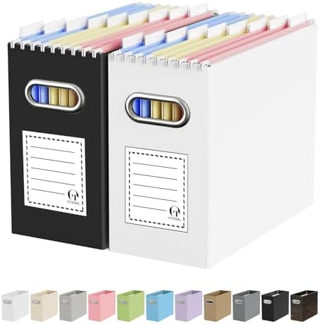 Oterri Portable Collapsible Cardboard File Box with Handle for Letter-Size | 2-Pack. Stainless Steel Handle. Label Stickers Included. Fits Letter Folders (Not Included). Home, Office, School, Dorm, Tax.