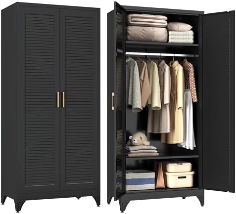 Steeloong 71"Armoire Wardrobe Close,Black Wardrobe Cabinet with Hanging Rod