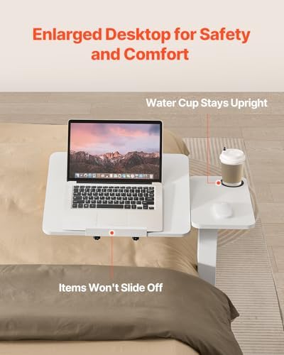VEVOR Overbed Table, Mobile Bed Side Table with Flip Desktop and 4 Hidden Wheels, Height & Angle Adjustable Rolling Laptop Desk with Cup Holder, Portable Over Bed Desk for Home, Office, Study, White