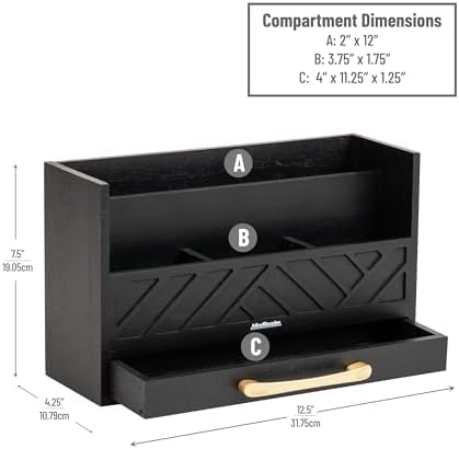Mind Reader 5-Compartment Desktop Organizer, Rustic Wooden Storage Rack with Drawer for Papers, Accessories, and Office Supplies, 12.5" L x 4.25" W x 7.5" H, Black