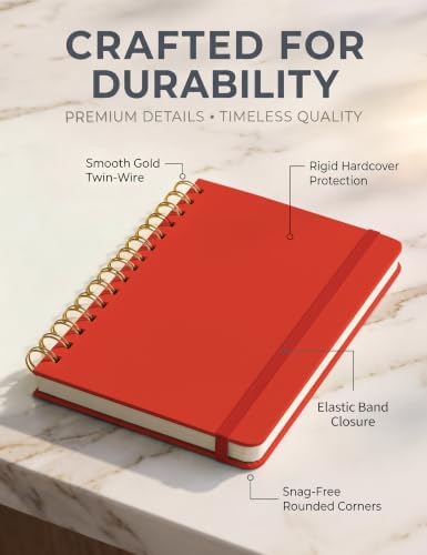 5 Pack Hardcover Spiral Notebooks, 8.3" x 6.3" Lined Journal Set, 100 GSM Bleed-Resistant Paper, 200 Pages Twin-Wire Bound Notebook with Elastic Band & Category Stickers for Office, School