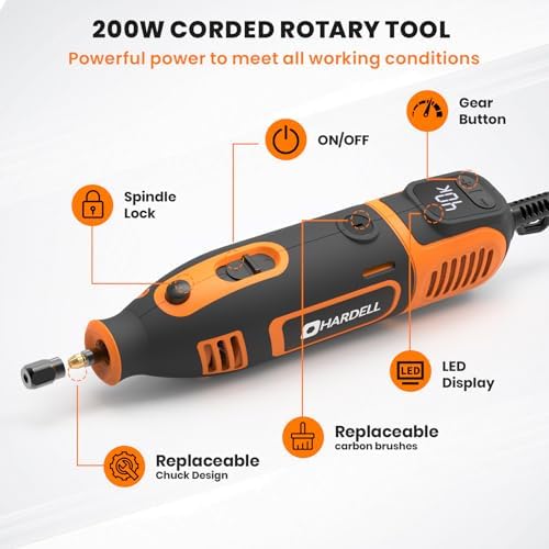 HARDELL 200W Corded Rotary Tool 8000-40000 RPM Flex Shaft Digital Display