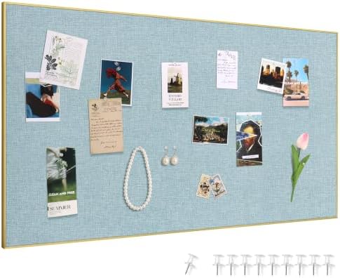 SELEAD Linen Bulletin Board 48” x 24” - Golden Aluminum Frame, Teal Fabric