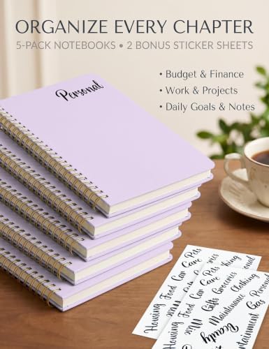5 Pack Hardcover Spiral Notebooks, 8.3" x 6.3" Lined Journal Set, 100 GSM Bleed-Resistant Paper, 200 Pages Twin-Wire Bound Notebook with Elastic Band & Category Stickers for Office, School