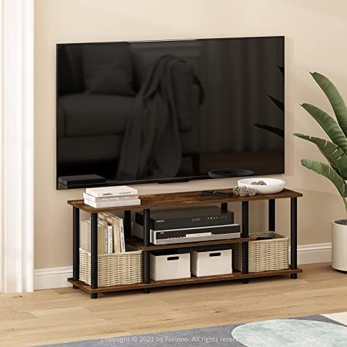 Furinno Turn-N-Tube No Tools 3D 3-Tier Entertainment Stand up to 50 inch TV, Amber Pine/Black | for TV up to 50 Inch, Open Frame Rectangular Entertainment Center with Storage Shelf, TV Console, for Living Room, Bedroom