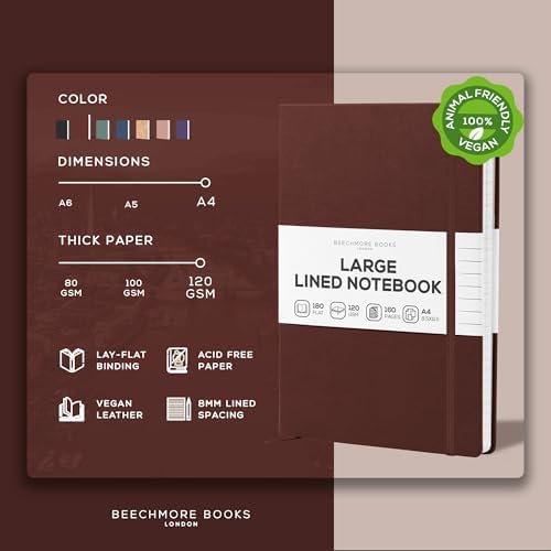 BEECHMORE BOOKS A4 8.5x11.5 Lined Leather Journal For Men 120 GSM, Gift Box