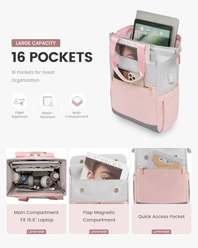 LOVEVOOK Laptop Backpack for Women, 15.6 Inch Work Laptop Bag with USB Port, Fashion Teacher Nurse Backpack Purse, Waterproof Travel Computer Backpack with Organizer Bag, 2PCS, Grey-Pink