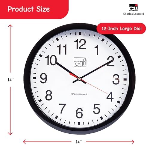 Charles Leonard Round Wall Clock, 14 Inch Thinline Quartz with 12 Inch Dial, Analog with Second Hand, Black/White (76820)