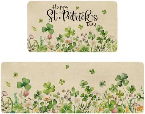 St Patricks Day Spring Kitchen Rugs and Mats Set of 2,Lucky Shamrock Clovers Floral Farmhouse Non Slip Washable Floor Sink Mats Decorations for Home Kitchen 18"x48"+18"x30"