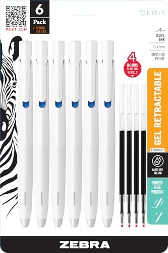 Zebra Pen bLen White Retractable Gel Pen, Blue Ink, 0.7mm, 6-Pack
