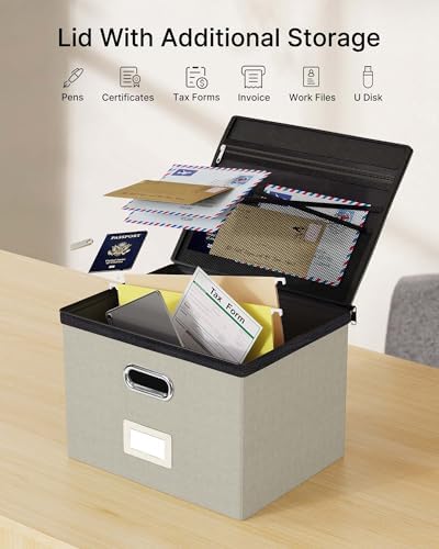 Oterri File Box Large 1-Pack Hanging Organizer for Letter/Legal-Size Folder | Dustproof Lid. 3 Mesh Pockets. Collapsible Scratch-Resistant GRS Linen. Slide Rails. Office, Home, Dorm
