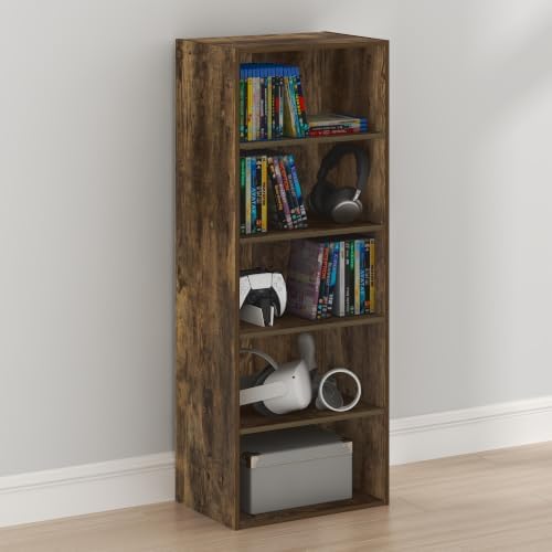 Furinno Basic DVD Shelf, 5-Tier CD Rack, Cube Storage, Amber Pine | 11 x 17 x 44, Open Shelf for DVD Blueray Game Disc, Organizer Media Shelf, for Living Room, Bedroom, Home Office
