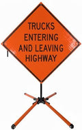 Traffic Roll-Up Sign Kit with Stand – Collapsible Safety Sign & Heavy-Duty Portable Stand, High Visibility, Easy Setup (Trucks Entering And Leaving Highway, Reflective)