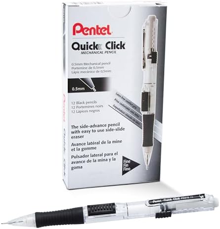 Pentel QUICK CLICK Mechanical Pencil (0.5mm), Black Barrel, Box of 12 (PD215A)