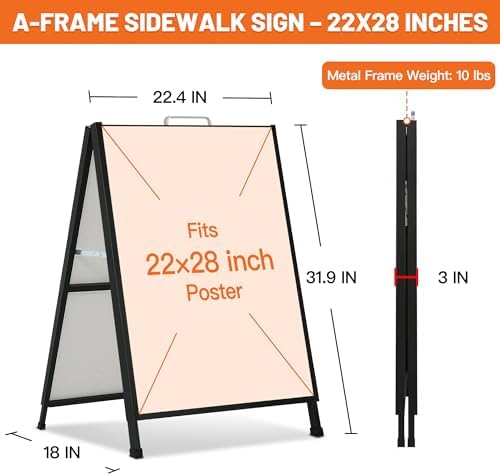 A-Frame Sidewalk Sign 22x28 Inch, Heavy Duty Double-Sided Sandwich Board Sign, Foldable Metal A Frame Sign Holder with Handle, Outdoor & Indoor Business Sign, Menu Board for Restaurants & Cafes