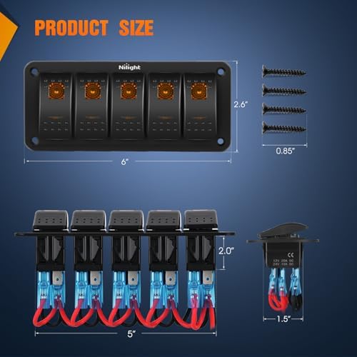 Nilight 5 Gang Rocker Switch Panel w/Orange LED Light 5Pin ON Off Pre-Wired