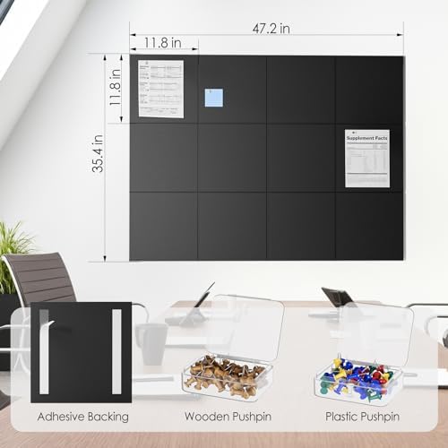 MaxGear Felt Bulletin Board 48" x 36", Black Felt Wall Tiles Wall Decor