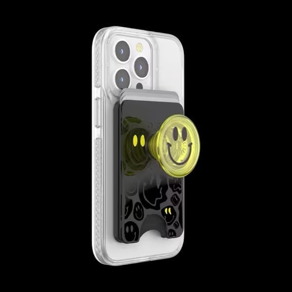 PopSockets Phone Wallet for MagSafe with Grip- All Smiles | PopWallet, Holds 3 Cards, Magnetic, Removable, Secure, Neon Yellow, Electronic Accessories, For iPad/Kindle/iPhone/Android