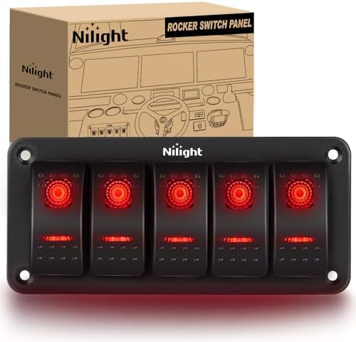 Nilight 5 Gang Rocker Switch Panel SPST On Off 5PIN Electrical Toggle Red