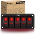 Nilight 5 Gang Rocker Switch Panel SPST On Off 5PIN Electrical Toggle Red