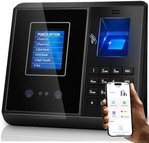 App Control Time Clock for Small Business No Monthly Fee | 5s Fast Connection, Fix Records, Custom Overtime, Lunch & Break Rules,10 IC Cards Included with Face, Fingerprint, IC & PIN