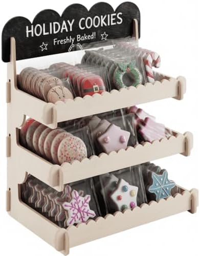 HOTCAN Wooden Cookie Display Stand with Chalkboard Sign for Bakers, Vendors, Craft Fairs | Pastry Display for Market Booths & Events | 3 Tiered Cookie Display for Muffins, Cakes, and Pastries(Natural)