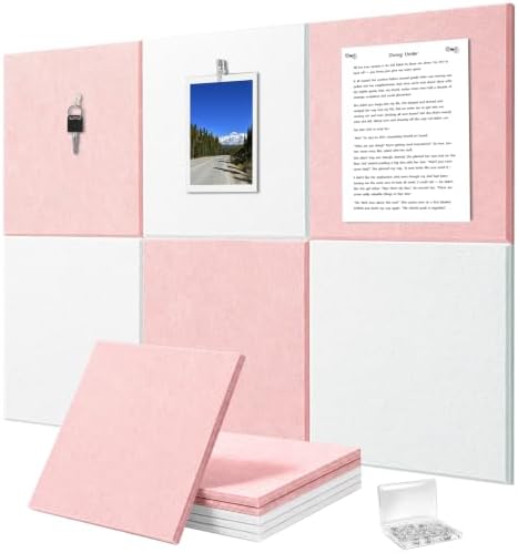 0.47" Thick Felt Pin Board 36"x24" Large Cork Board Alternative 6 Pack 11.81"x11.81"Felt Bulletin Board Wall Tiles Notice Board with 30 Pushpins for Home Office School(Coral Pink&White)