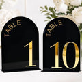 Black Arch Wedding Table Numbers 1-10, Gold Numbers and Stands