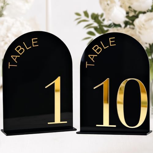 Black Arch Wedding Table Numbers 1-10, Gold Numbers and Stands