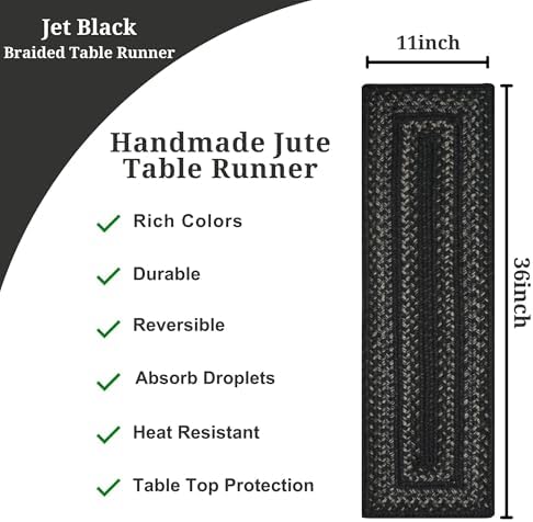 Homespice Jet Black Braided Table Runner for Primitive Decor, Rect 11x36