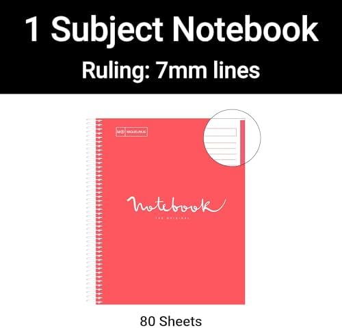 M MiquelRius Emotions Collection, Lined 1 Subject Notebook, 11" x 8.5", 80 Perforated Sheets, 3 Hole Punched, Coral Colored Cardboard Cover