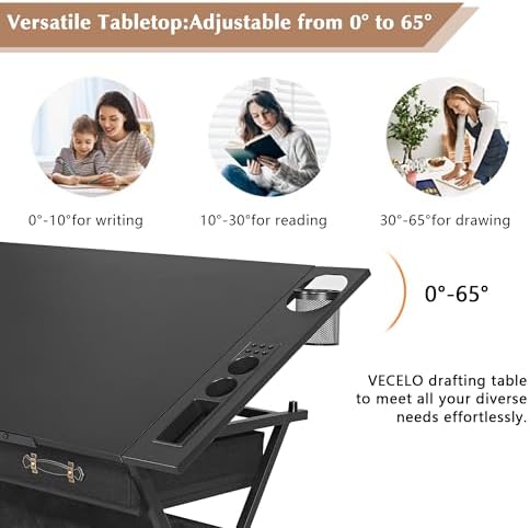 VECELO Drafting Table Art Desk Art Table Adjustable Drawing Table Tilted Tabletop with 2 Storage Drawers and Stool, Drawing Desk for Artist Painters Drawing, Crafting, Reading, Writing, Black