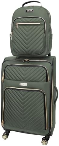 Kenneth Cole REACTION Chelsea 2-Piece Bundle - 20" Chevron Expandable 8-Wheel Carry-On Suitcase & Matching 15" Laptop Backpack, Olive