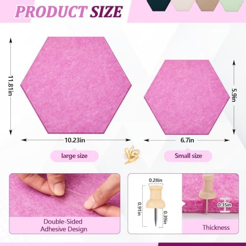 12x10 in 16 Pcs Hexagon Cork Board Tiles, Felt Pin Boards, Pink
