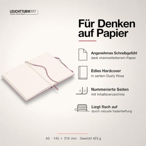 LEUCHTTURM1917 - Notebook Hardcover Medium A5-251 Numbered Pages for Writing and Journaling - Thinking Ahead (Ruled Paper, Dusty Rose)