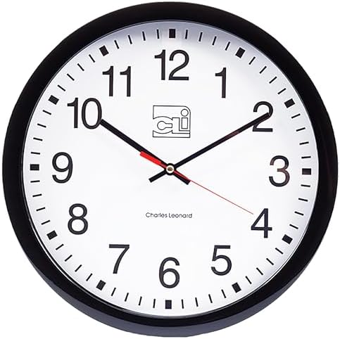 Charles Leonard Round Wall Clock, 14 Inch Thinline Quartz with 12 Inch Dial, Analog with Second Hand, Black/White (76820)