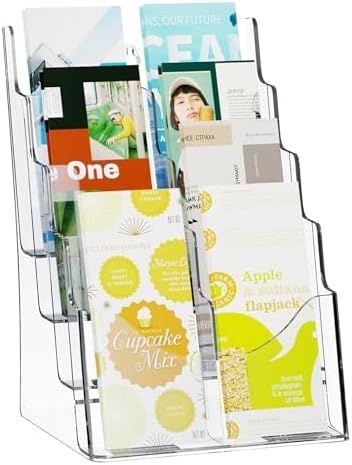 VEVOR Acrylic Brochure Holder 8.5 x 11 inch, 4-Tier Clear Acrylic Literature Display Stand, Plastic Literature Organizer Flyer Stand & Removable Divider for Office Exhibition, Countertop or Wall Mount